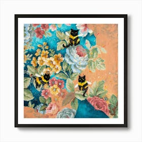 Vintage Floral Cats Art Print