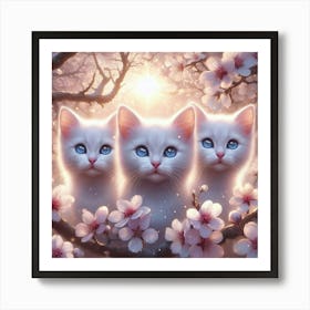 Three Kittens In Cherry Blossoms 1 Art Print