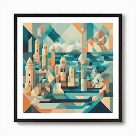 Mythical Cityscape Pastel Cubism Style Art Print