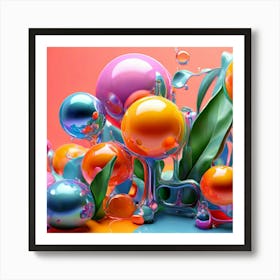 3d Bubbles Colors Dimensional Objects Illustrations Shapes Plants Vibrant Textured Spheric (3) Art Print