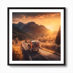 Vintage Car On The Road At Sunset 1 Art Print