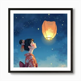 A Japanese Woman Gazing At A Paper Lantern As It Floats Into The Sky At Night, Watercolor Painting Art Print