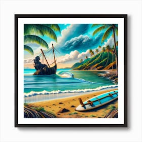 Beach Scene Sailing Ship Wreck In The Foregroun 2 Art Print