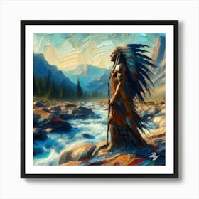 Native American Warrior By The Stream 2 Copy Art Print