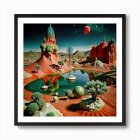 A surreal and imaginative landscape with red sand, and strange trees. Art Print