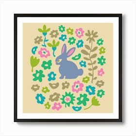 BUNNY RABBIT Cute Animal and Flowers in Springtime Pastels Purple Green Blue Pink Beige Kids Art Print