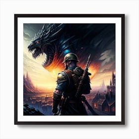 Warrior In Front Of A Dragon Art Print