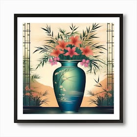 Flower Vase Decorated with Bamboo, Turquoise, Green, Beige, Coral and Pink Art Print