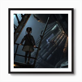 Girl Exploring the Dark, Cavernous Interior of a Huge Derelict Spacecraft Digital Art Art Print