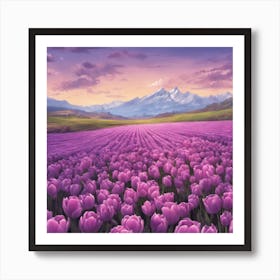 A field of purple tulips and a clear sky with some clouds and mountains Art Print