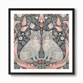 William Morris  Inspired  Classic Cats Pink And Sage Square Art Print