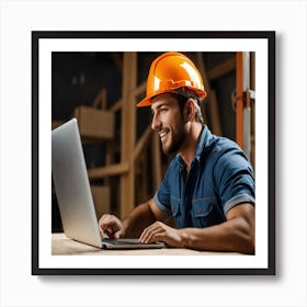 Construction Worker Using Laptop Art Print