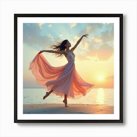 Elegant Dancer With Watercolor Tranquil Dusk Sky 1 Art Print