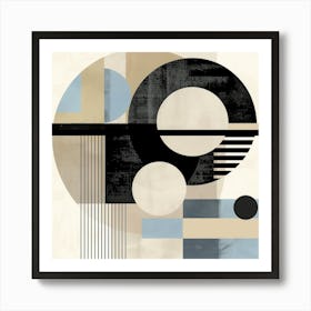 Abstract Geometric Painting - Circles and Lines in Beige, Black and Blue Art Print