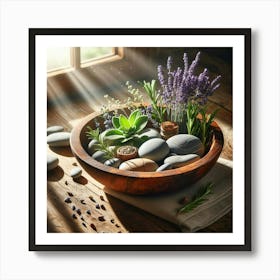 Wooden Bowl With Stones And Lavender Art Print