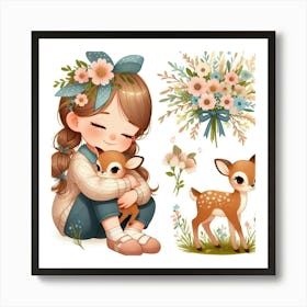 Cute Girl With Deer And Flowers Art Print