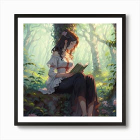 Girl With Flower On A Tree In The Forest Art Print