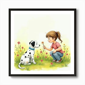 A Dalmatian And A Young Girl Picking Flowers In A Field, Watercolor 1 Art Print