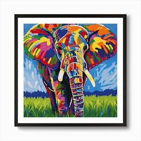 'Vibrant Majesty', a dynamic portrayal of the animal kingdom's gentle giant. This painting bursts with a spectrum of colors, each hue bringing to life the elephant's commanding presence against a lively, azure backdrop. The bold strokes and vivid palette celebrate the spirit of wildlife and the beauty of expression.  Colorful Wildlife Art, Expressive Elephant, Vivid Palette.  #VibrantMajesty, #WildlifeArt, #ColorfulElephant.  'Vibrant Majesty' is not just a painting; it's a statement piece that infuses your space with energy and a touch of the wild. Ideal for those who wish to make a bold decor choice that reflects their love for nature and art with a modern twist. Art Print