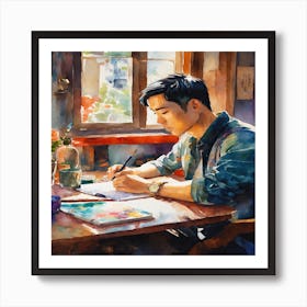 Watercolor Of A Man Writing 3 Art Print