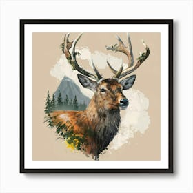 Captivating Stag Tattoo Design: Majestic Wildlife Art with Moss-Adorned Antlers, Wisdom-Gazing Eyes, and Nature-Inspired Background Art Print