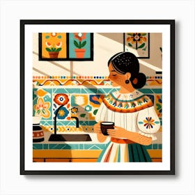 Mexican Girl in The Kitchen with a Cup of Coffee Art Print