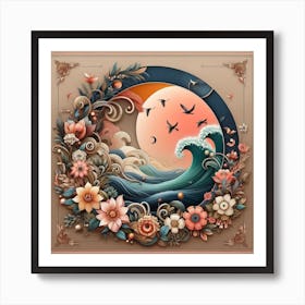 Ocean Waves With Flowers And Birds Art Print