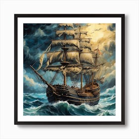 Pirate Ship In Stormy Sea Art Print