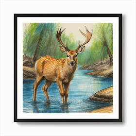 Deer In The Stream 4 Art Print