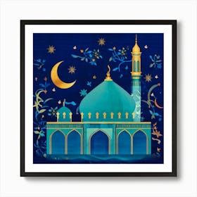 Illustration Of A Mosque Featuring A Minaret Dome And Intricate Islamic Calligraphy Homes A Cresc Art Print