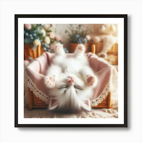 Cute Kitten Sleeping In A Basket Art Print