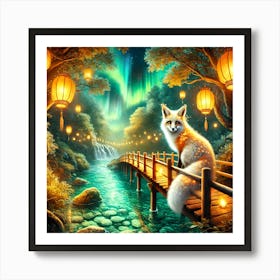 Mystical Wooden Bridge Over A Crystal Clear River With A Glowing Magical Fox Affiche