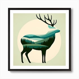 Title: "Verdant Monarch: The Stag of the Emerald Wilds"  Description: "Verdant Monarch" features a majestic stag, its form seamlessly blending with the rolling hills and dense forests that it calls home. This artwork beautifully integrates the animal's silhouette with the landscape it inhabits, creating a harmonious tableau that speaks to the interconnectedness of wildlife and their natural environment. The layers of green hues and stylized shapes create a tranquil and almost mystical scene, capturing the peaceful essence of the wilds. Ideal for those who seek to bring a piece of the forest's serene spirit into their home, this piece stands as a sentinel of the untamed world, a guardian of the emerald wilds that beckon the viewer to look closer and wander further. Art Print
