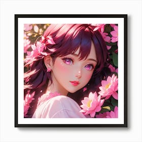 Anime Girl With Pink Flowers Art Print