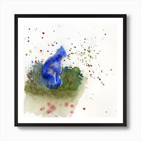 Blue Cat In Meadow Watercolor Painting Art Print