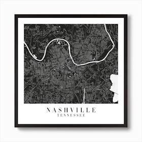 Nashville Tennessee Minimal Black Mono Street Map  Square Art Print