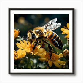 Bee On Yellow Flowers 1 Art Print