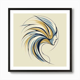 Abstract Head Silhouette In Blue And Yellow - Line Sketch Drawing Art Print