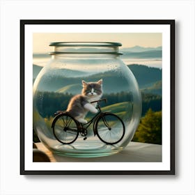 A Serene And Cinematic Photograph Of A Adorable Grey Cat On A Bike In A Glass Jar 2 Art Print