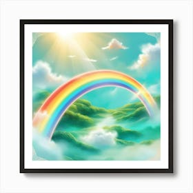 A Vibrant, Multicolored Rainbow Bridges The Turquoise Sky And Lush, Emerald Green Landscape, With Soft, Wispy Clouds Scattered Across The Heavens, Radiating A Warm, Golden Light That Illuminates The Dreamy, Ethereal Atmosphere 3 Art Print