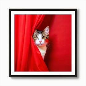 A Curious Cat Peeking Out From Behind A Curtain Art Print