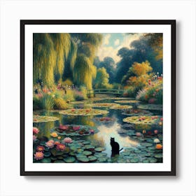 The Water Lily Pond with a Black Cat (Inspired by Claude Monet and Hffancy) 3 Art Print