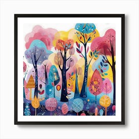 Colorful Forest, Naïve Folk Art Print