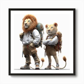 Two Lions With Backpacks Art Print