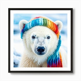 Polar Bear Cub In Brightly Colored Handcrafted Knit Cap And Scarf Contrasts With Its Fluffy White F Art Print