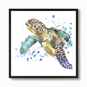 Sea Turtle Illustration With Splash Watercolor Textured Art Print