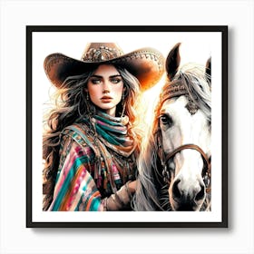 Mexican Beauty Wear Poncho And Hat By A White Horse Creative Color Painting Art Print