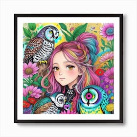 Girl and owl Lucky charms Art Print