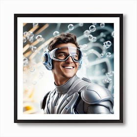 3d Dslr Photography, Model Shot, Man From The Future Smiling Chasing Bubbles Wearing Futuristic Suit Designed By Apple, Digital Helmet, Sport S Car In Background, Beautiful Detailed Eyes, Professional Award W (2) Art Print