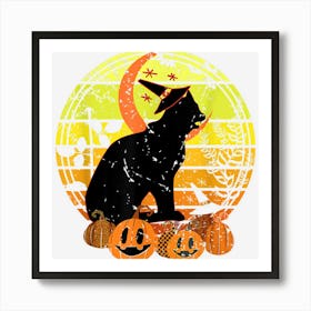 Black Cat Moon Pumpkin Witch Hat Halloween Scary Vintage Art Print